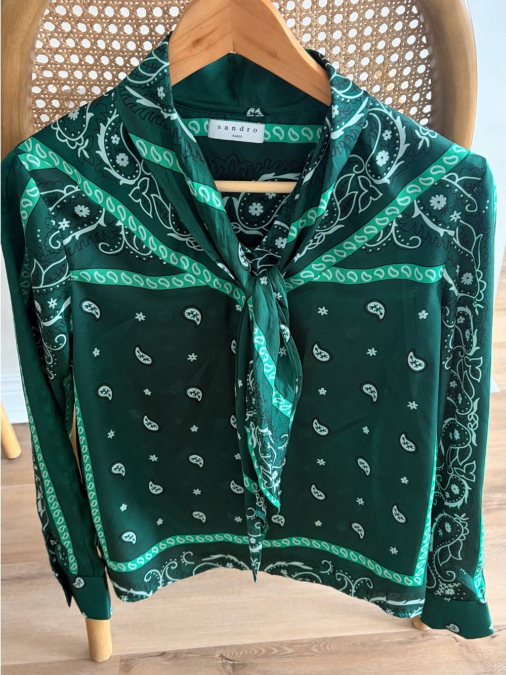 SANDRO Tie Bow Printed Satin Twill Blouse in Green paisley bandana print